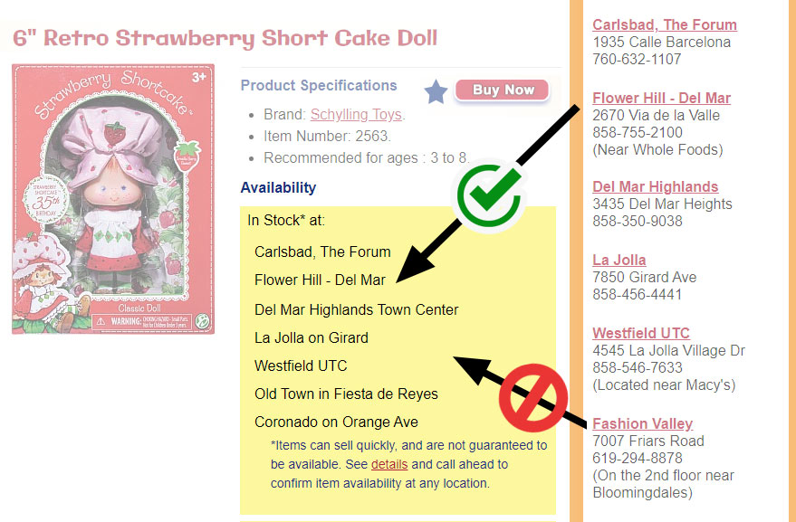 image showing where to look on the product page for the product's availabilty by store location